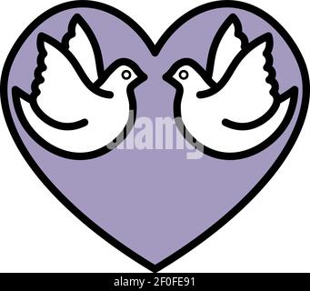 two isolated simple white outline white doves in lilac heart Stock Vector