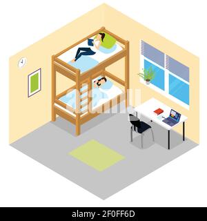 Student room isometric composition in dormitory with bunk bed where students are sleeping vector illustration Stock Vector