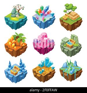 Set of isometric gaming islands with mineral stones and treasure chests trees and rivers isolated vector illustration Stock Vector