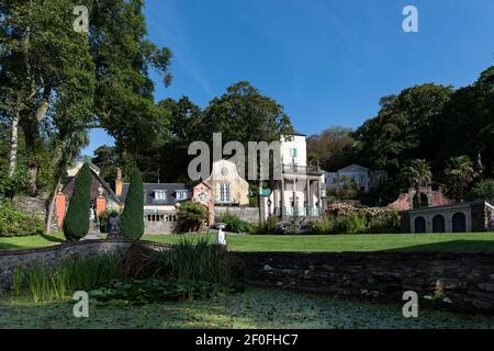 Portmeirion Village, designed and built by Sir Clough William-Ellis situated on the estuary of the River Dwyryd, Gwynedd, North Wales. Stock Photo