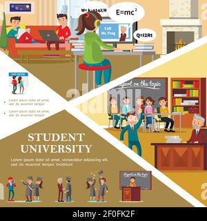 Colorful people in university flat template with students in classroom standing near timetable preparing to pass exam and celebrating graduation from Stock Vector