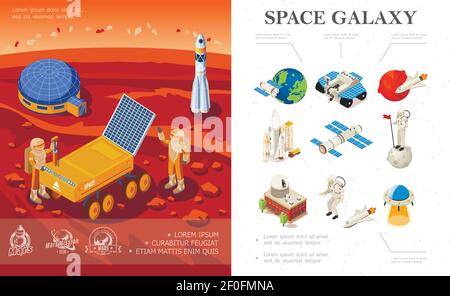Isometric space research concept with astronaunts rover rocket cosmic base on Mars planet and colorful galaxy icons vector illustration Stock Vector
