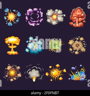 Comic explosions decorative icons set with blast waves circles of smoke on black background isolated vector illustration Stock Vector