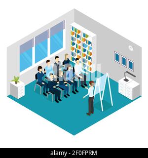 People isometric training composition with employee and lecturer characters in office room with window interior flat vector illustration Stock Vector