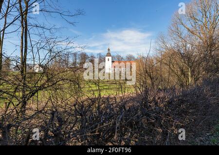Duisburg - View to the village church which is the oldest church in Friemersheim and evangelical since 1560, North Rhine Westphalia, 05.03.2021 Stock Photo