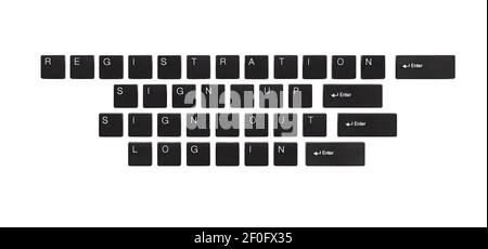 Text 'Registration', 'Sing up', 'Sign out', 'Log in' from keyboard keys, Isolated on white Stock Photo