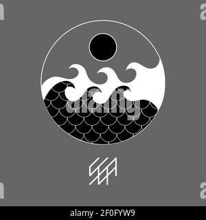 abstract monochrome icon with sun and waves, text 'sea' in stylized runic font Stock Vector