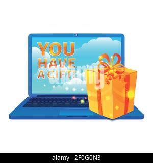Isolated image of shining golden gift box on top of opened laptop and editable screen caption vector illustration Stock Vector