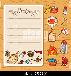 Recipe book page with empty writing field and isolated decorative cartoon dishware icons on wooden background vector illustration Stock Vector