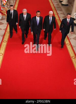 1 September 2010 - Washington, D.C. - (L-R) Egyptian President Hosni Mubarak, Israeli Prime Minister Benjamin Netanyahu, U.S. President Barack Obama, Palestinian Authority President Mahmoud Abbas, and King Abdullah II of Jordan walk toward the East Room of the White House for statements on the first day of the Middle East peace talks September 1, 2010 in Washington, DC. The White House has kicked off a new round of direct peace talks for the Middle East, the first one in more than 18 months. Photo Credit: Alex Wong/Pool/Sipa Press/1009021358