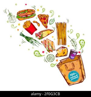 Composition with fast food meal pasta cheese lettuce and various drawn ingredients flying into paper bag vector illustration Stock Vector