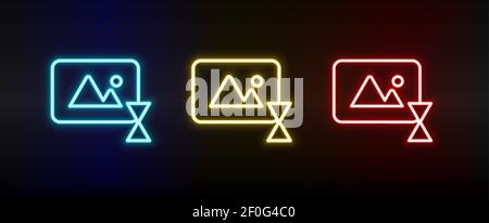 delay, photo, time neon icon set. Set of red, blue, yellow neon vector icon Stock Vector