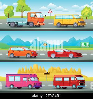 Three horizontal city banners set with orthogonal cartoon images of suburban road scenery and passenger vehicles vector illustration Stock Vector