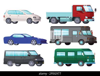 Isolated orthogonal cartoon style car images set with six cars of different colour and auto bodyshell vector illustration Stock Vector