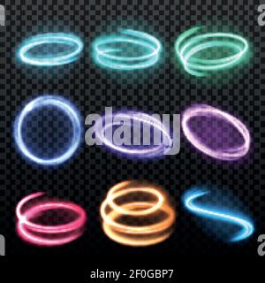 Set of nine isolated neon blurry circles at motion of different colour on dark transparent background vector illustration Stock Vector