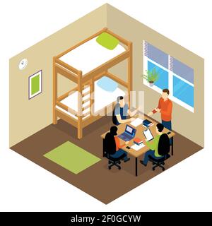 Education student isometric composition with students in dormitory in a room doing homework vector illustration Stock Vector