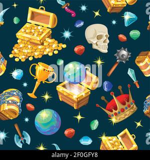 Treasure chests isometric seamless pattern with gemstones skull weapon ball and crown on black background vector illustration Stock Vector