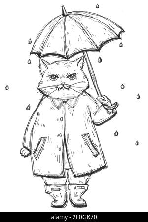 Disgrunled cat dressed in raincoat under the umbrella in the rain. Vintage monochrome hatching illustration isolated on white background. Hand drawn d Stock Photo