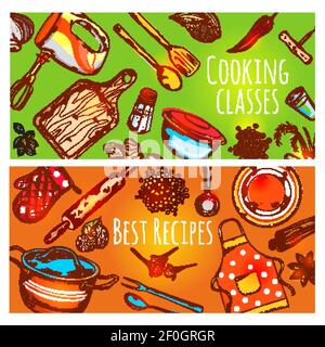 Two horizontal cooking class banners set with cartoon utensil decorative symbols tile with text colorful background vector illustration Stock Vector
