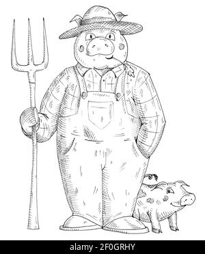 Pig dressed in the overall holding syringe. Vintage monochrome hatching illustration isolated on white background. Hand drawn design element for t-shi Stock Photo