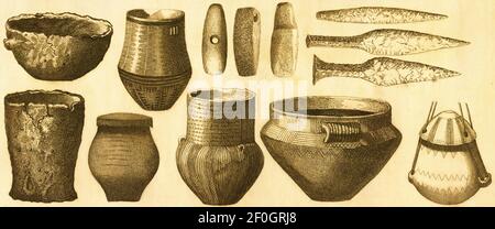 19th-century illustration of ceramic and stone artifacts from Ice Age and Stone Age. Published in Systematischer Bilder-Atlas zum Conversations-Lexiko Stock Photo