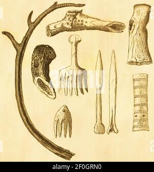 Antique 19th-century illustration of artifacts from the Stone Age. Published in Systematischer Bilder-Atlas zum Conversations-Lexikon, Ikonographische Stock Photo