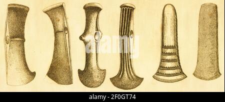 Antique illustration of axes from Bronze Age. Published in Systematischer Bilder-Atlas zum Conversations-Lexikon, Ikonographische Encyklopaedie der Wi Stock Photo