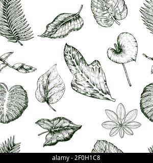 Tropical plants seamless pattern with branches and leaves of different shape hand drawn vector illustration Stock Vector
