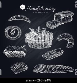 Flour products hand drawn collection with sliced bread basket of snacks pastry on texture chalkboard vector illustration Stock Vector