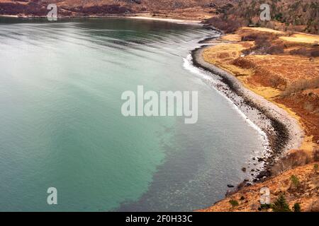 GRUINARD BAY WESTER ROSS HIGHLAND SCOTLAND SAND AND PEBBLE BEACH CLEAR GREEN SEA OVER SAND AT HIGH TIDE Stock Photo