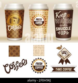 Take away coffee packaging template set with 3d paper cup and fresh coffee coffee store descriptions vector illustration Stock Vector