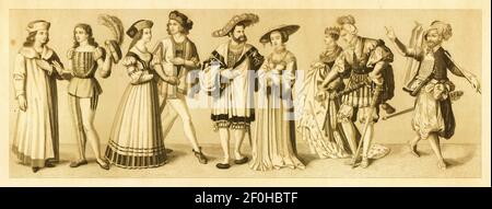 19th-century illustration of European costumes from XV and XVI century. From left to right: 1,2 - School uniform from XV century; 3 - Dancing pair at Stock Photo