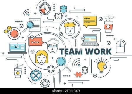 Team work linear design including great idea creative process time management and personal communications vector illustration Stock Vector