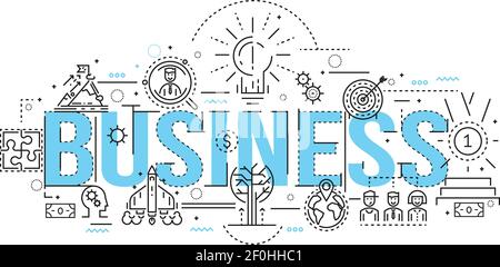 Business linear design with blue title and monochrome icons of goals and resources of organization vector illustration Stock Vector