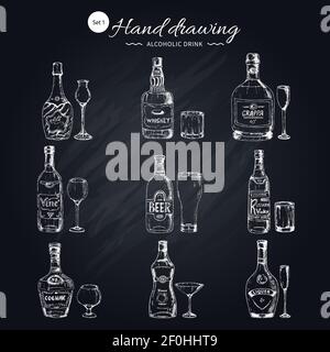Alcoholic beverages monochrome icons set with bottles and glasses of different shape on black chalkboard vector illustration Stock Vector