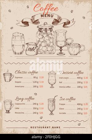 Coffee hand drawn restaurant menu with drinks icons set and price list on worn background vector illustration Stock Vector