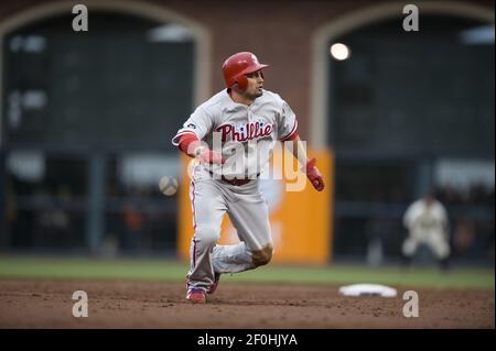 Philadelphia Phillies Shane Victorino watches his solo home run in the  first inning against the Colorado Rockies in Game 4 of their NLDS game,  Monday, October 12, 2009, in Denver Colorado. (Photo