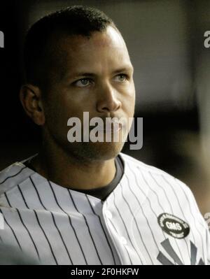 Derek Jeter, Carlos Guillen and Alex Rodriguez (R) smile at batting  practice before the 79th All Star Game at Yankee Stadium in New York City  on July 15, 2008. (UPI Photo/John Angelillo