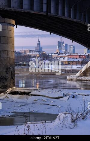 Warsaw downtown skyline from under the bridge, winter river view of capital city of Poland Stock Photo