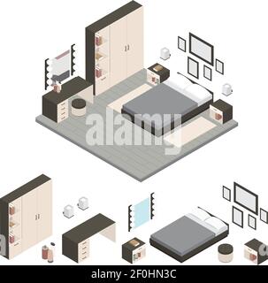 Colored isometric create a bedroom icon set with cabinets bed in studio vector illustration Stock Vector