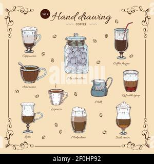 Coffee hand drawn colored set with decorative frame beverages in different glasses and cups isolated vector illustration Stock Vector