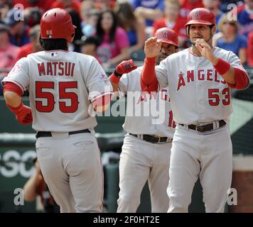 Los Angeles Angels of Anaheim Hideki Matsui reacts after receiving his  World Series championship ring on opening day before a game against the New  York Yankees at Yankee Stadium in New York