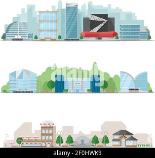 Three horizontal big city skylines banner set with colored beautiful urban buildings and landscapes vector illustration Stock Vector