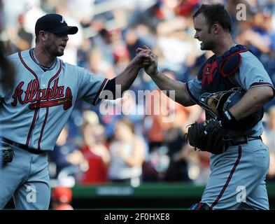 Atlanta Braves' closer Billy Wagner, left, congratulates teammate Brian  McCann after Wagner got the final out in the Braves' 4-2 win over the New  York Mets in their baseball game at Citi