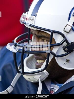 Tennessee Titans wide receiver Randy Moss (84) sits on the sideline during  an NFL game against the Kansas City Chiefs. The Chiefs defeated the Titans,  34-14, at Arrowhead Stadium in Kansas City