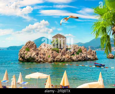 Picturesque summer view of Adriatic seacoast in Budva Riviera. Przno Stock Photo