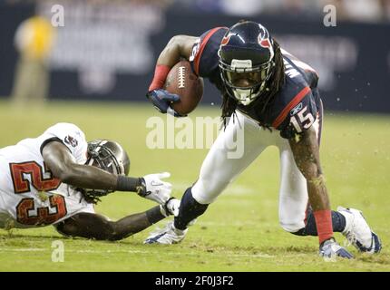 Houston Texans wide receiver Cecil Shorts (18) takes the field during an  NFL football training camp at the Methodist Training Center on Monday  August 3, 2015 in Houston. (AP Photo/Bob Levey Stock