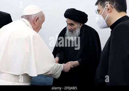 Najaf, Iraq. 07th Mar, 2021. Ayatollah Ali Al Sistani, Iraq's most revered Shiite cleric, receives Pope Francis, at his residence in the holy city of Najaf, Iraq, on March 6, 2021, on the second day of the first papal visit to Iraq. Photo by Balkis Press/ABACAPRESS.COM Credit: Abaca Press/Alamy Live News Stock Photo