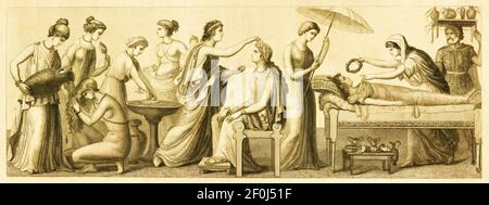 Antique engraving of scenes from life in ancient Greece. From left to right: 1 - Women's life, 2 - Funeral. Illustration published in Systematischer B Stock Photo