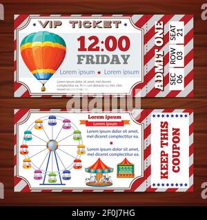 Amusement park tickets with red white substrate and colorful attractions on wooden background isolated vector illustration Stock Vector